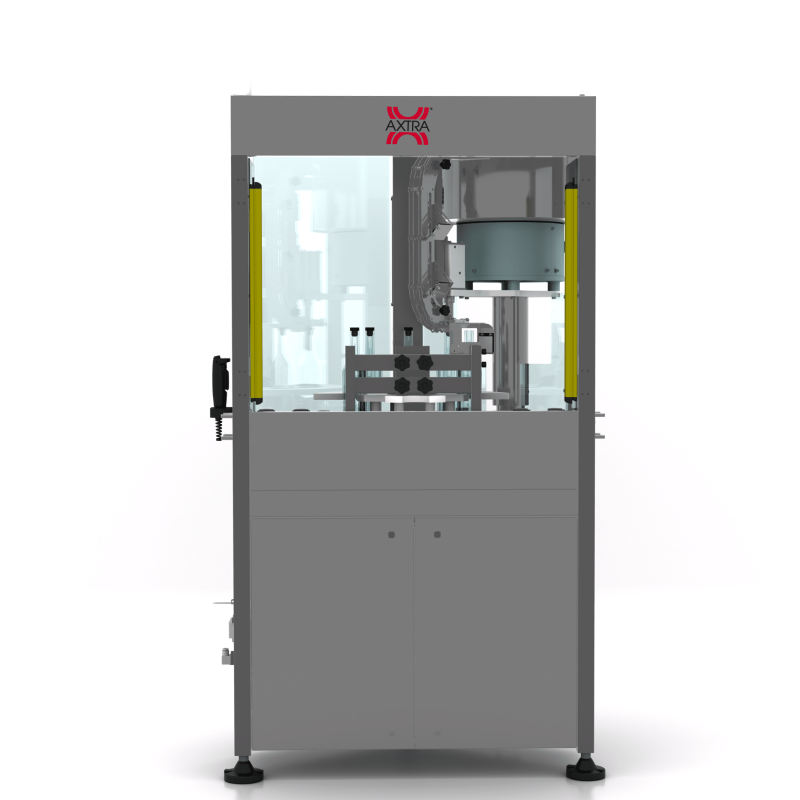 Front view of the AXTRA pressure-seal T caps machine showing the rotary cap sorting bowl and pick-and-place insertion head