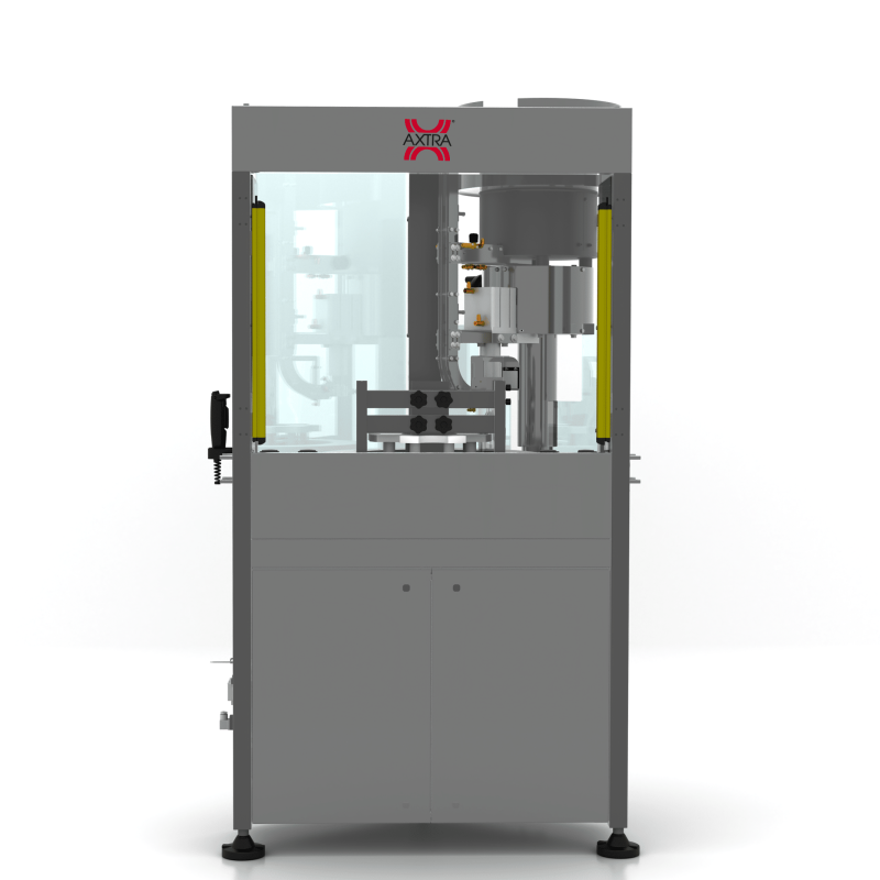 Front view of the AXTRA crown cap machine showing the cap sorting hopper, crimping head and guarded work area