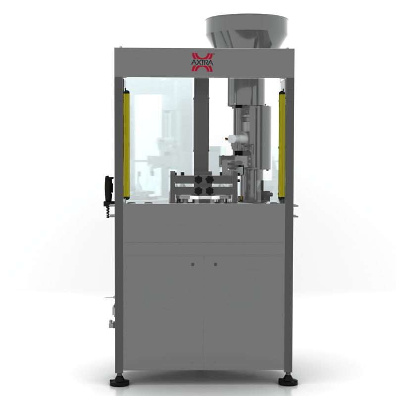 Front view of the AXTRA straight and mushroom corks machine showing the bulk cork hopper and insertion head above a bottle grid