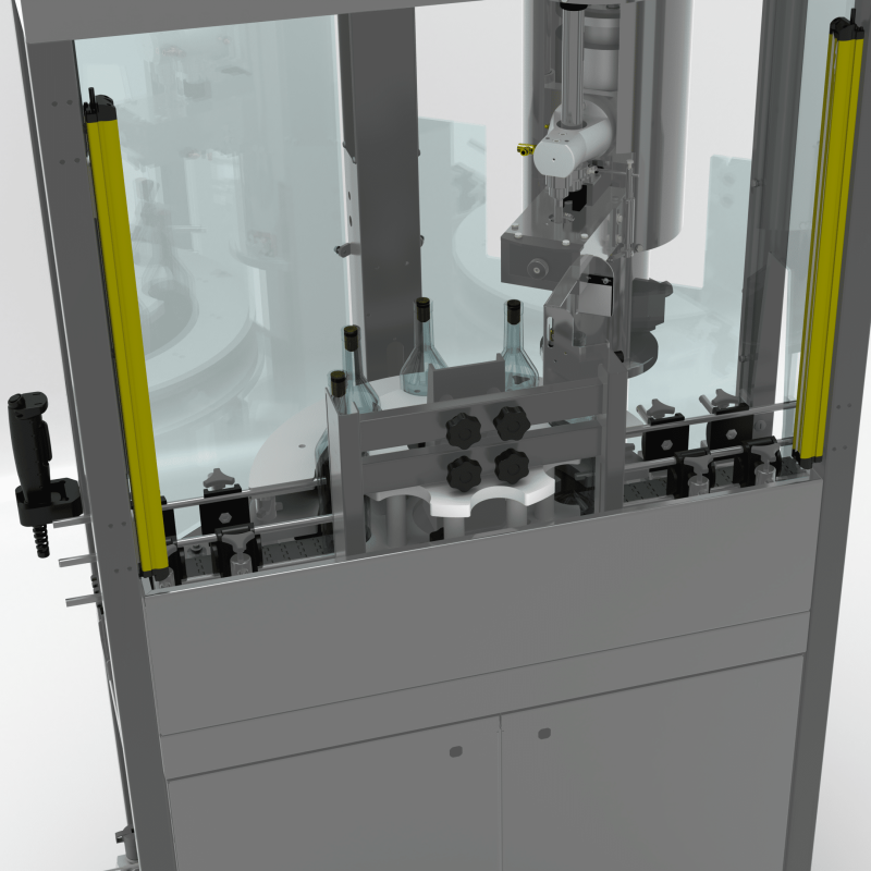 Close-up view inside the AXTRA straight and mushroom corks machine showing the insertion head positioned above glass bottles