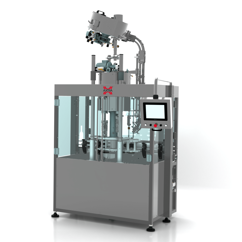 Rear three-quarter view of the AXTRA aluminium screw cap machine showing the cap sorting unit and touchscreen control panel
