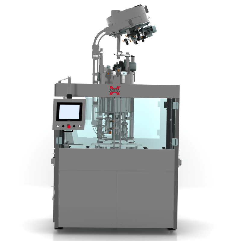 Front view of the AXTRA aluminium screw cap machine showing the touchscreen control panel and guarded rotary capping chamber