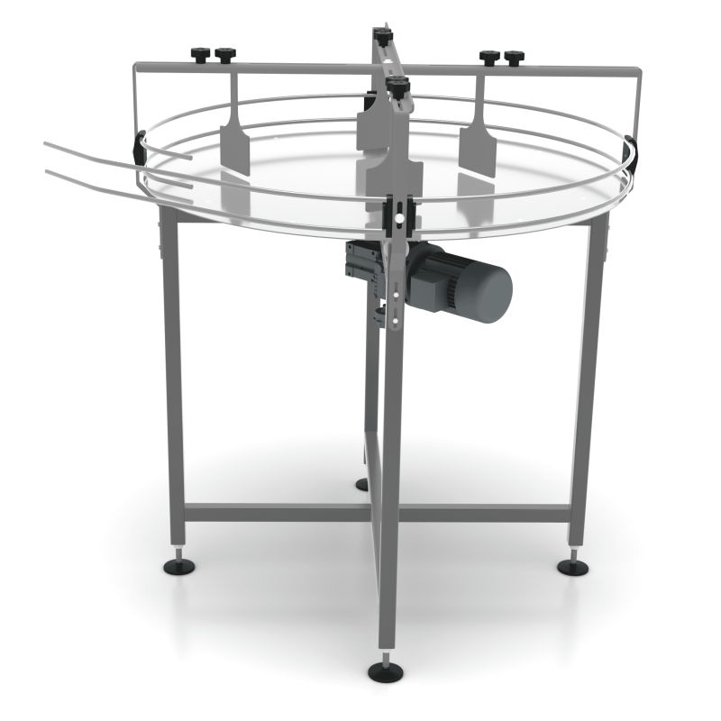 AXTRA rotary accumulation table shown from another angle with the motor drive unit visible beneath the rotating surface