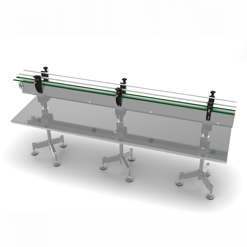 AXTRA loading table with a flat accumulation surface, shown from an alternate angle with adjustable guide rails