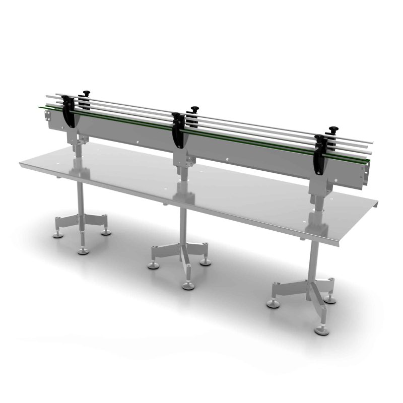 AXTRA loading table with a flat accumulation surface alongside a conveyor belt and adjustable guide rails