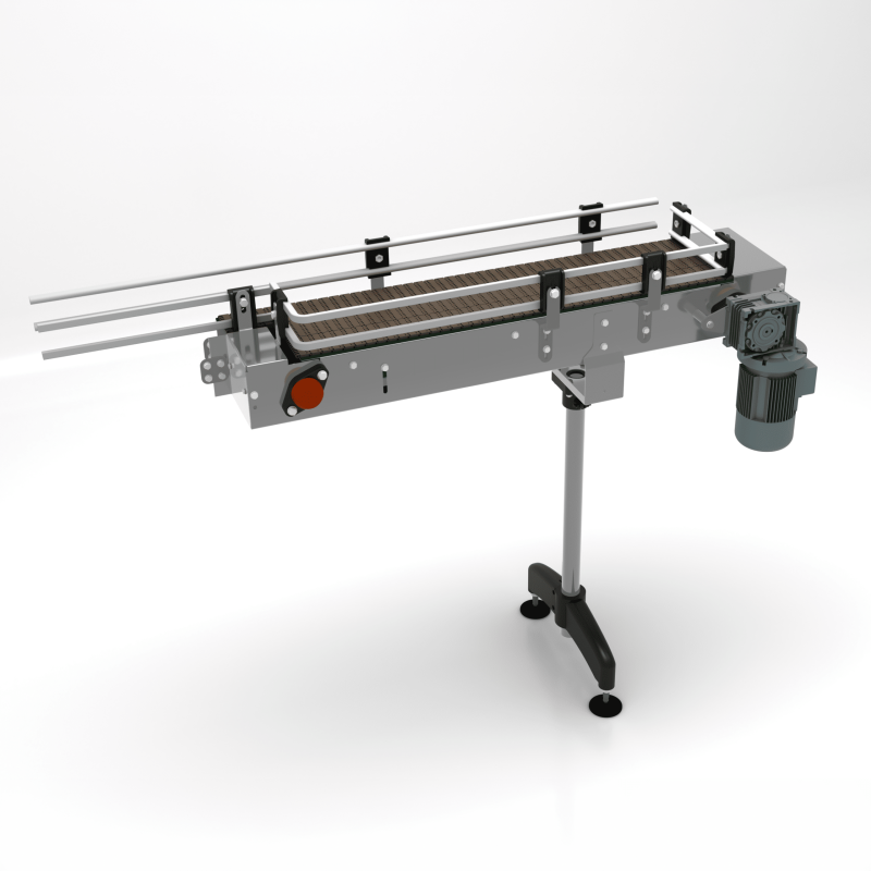 AXTRA motorized loading conveyor section with modular belt, adjustable guide rails and a control button, mounted on a single support leg
