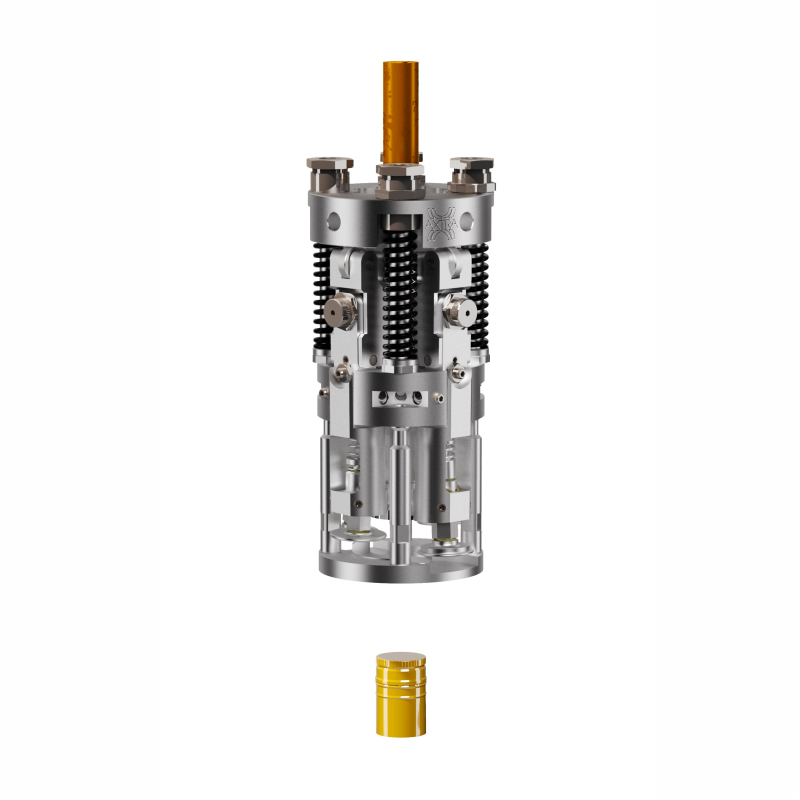 Detail of an AXTRA spring-loaded ROPP capping head positioned above an aluminium screw cap