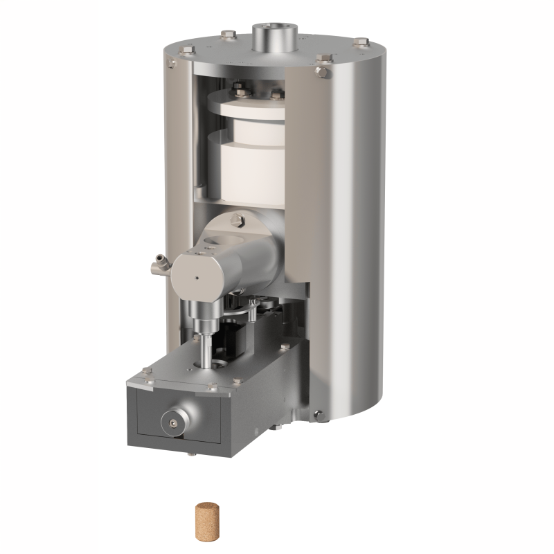 Cutaway detail of the AXTRA cork compression and insertion head positioned above a straight cork