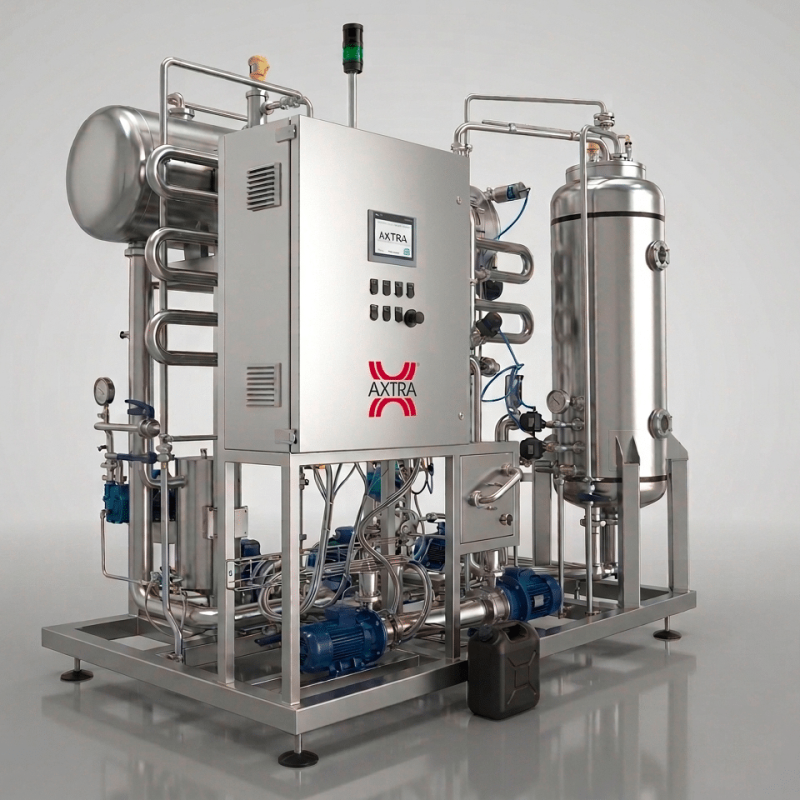 AXTRA compact CIP skid with heat exchanger, control cabinet and pressure vessel used to clean filling equipment