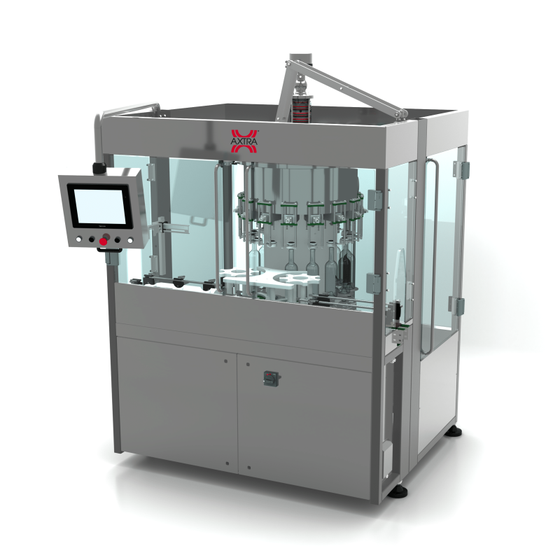 AXTRA sparkling liquids filling machine, front three-quarter view with HMI touchscreen and control panel